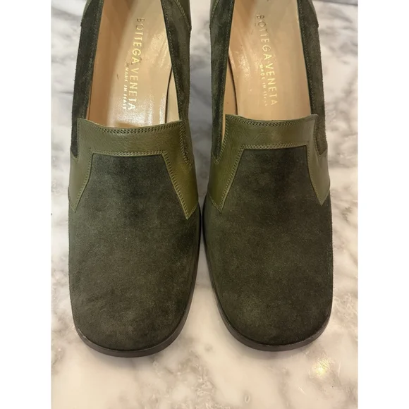 Bottega Veneta Olive Suede Block Heels Leather Trim Pumps Size 10